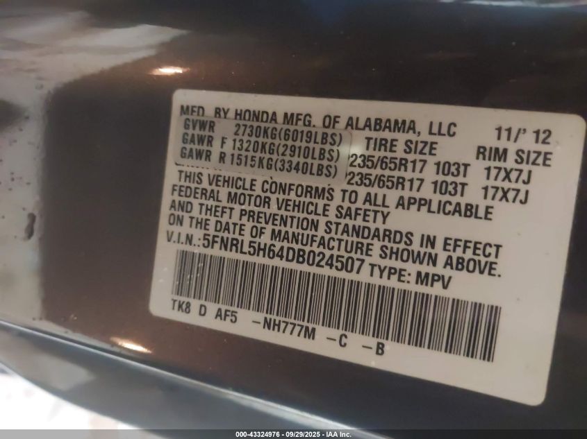 2013 Honda Odyssey Ex-L VIN: 5FNRL5H64DB024507 Lot: 43324976