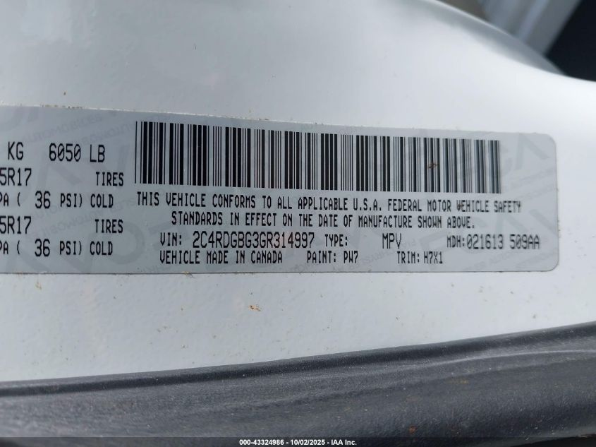 2016 Dodge Grand Caravan Se VIN: 2C4RDGBG3GR314997 Lot: 43324986