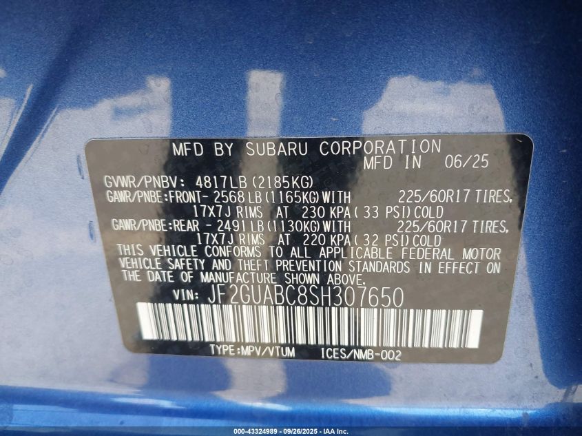 2025 Subaru Crosstrek VIN: JF2GUABC8SH307650 Lot: 43324989