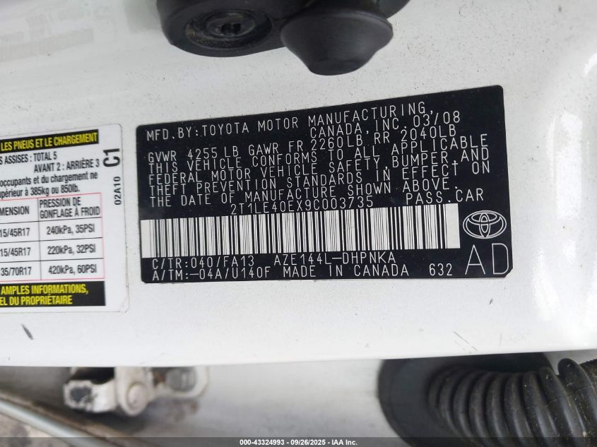 2009 Toyota Matrix S VIN: 2T1LE40EX9C003735 Lot: 43324993