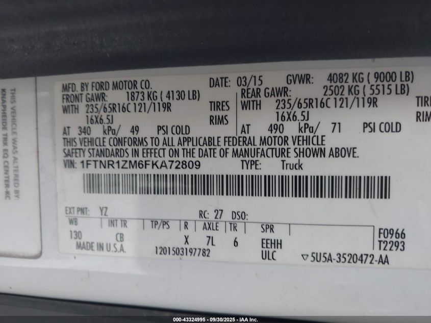 2015 Ford Transit-250 T-250 VIN: 1FTNR1ZM6FKA72809 Lot: 43324995