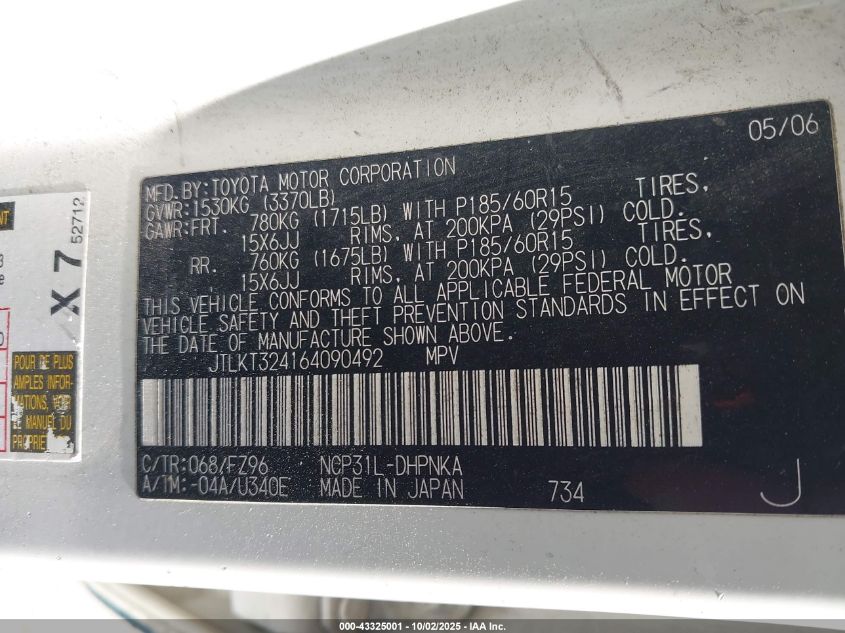 2006 Scion Xb VIN: JTLKT324164090492 Lot: 43325001