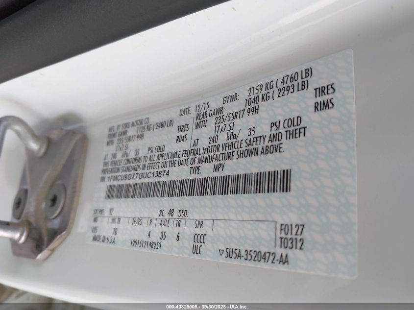 2016 Ford Escape Se VIN: 1FMCU9GX7GUC13874 Lot: 43325005