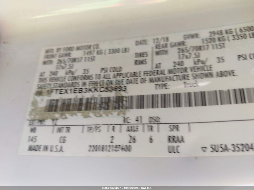 2019 Ford F-150 Xl VIN: 1FTEX1EB3KKC53693 Lot: 43325007