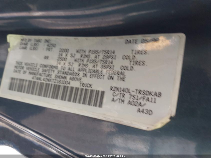 1996 Toyota Tacoma VIN: 4TANL42NXTZ181004 Lot: 43325024