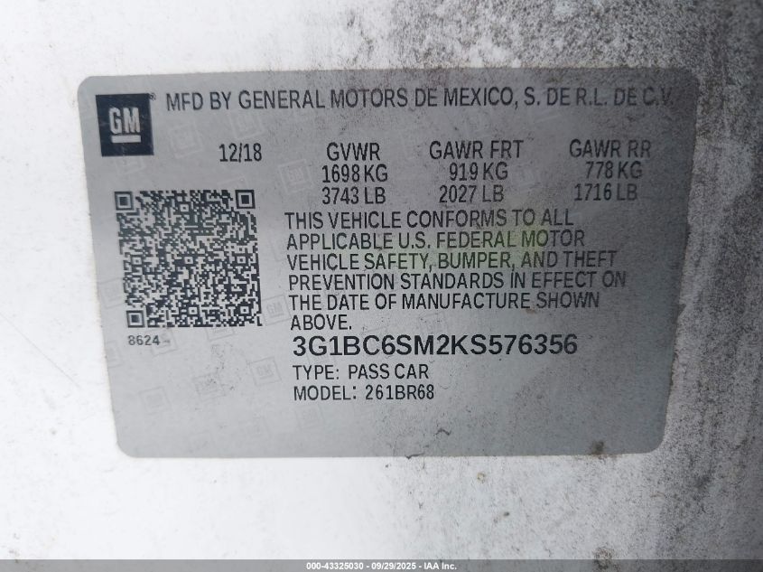 2019 Chevrolet Cruze Ls VIN: 3G1BC6SM2KS576356 Lot: 43325030