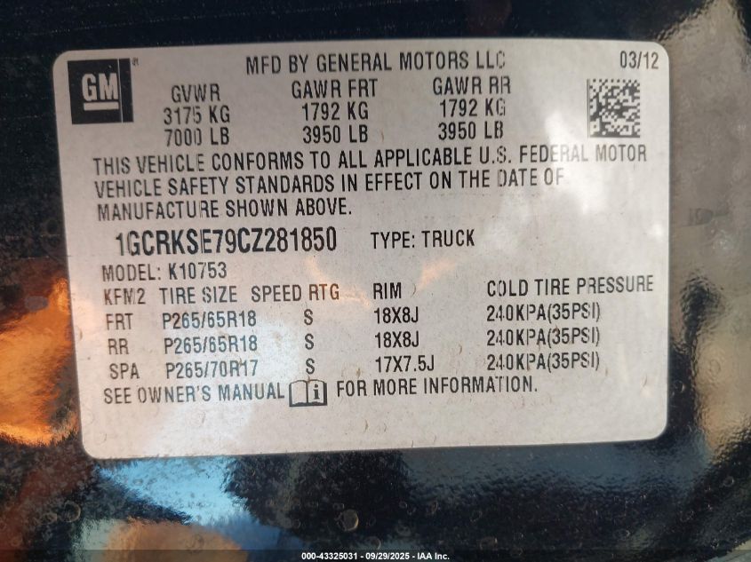 2012 Chevrolet Silverado 1500 Lt VIN: 1GCRKSE79CZ281850 Lot: 43325031