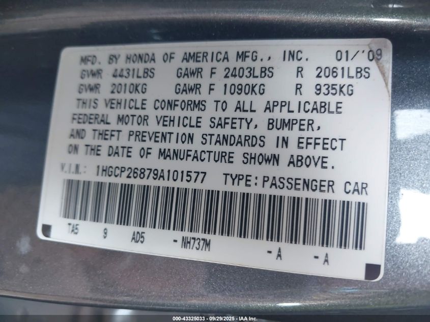 2009 Honda Accord 2.4 Ex-L VIN: 1HGCP26879A101577 Lot: 43325033