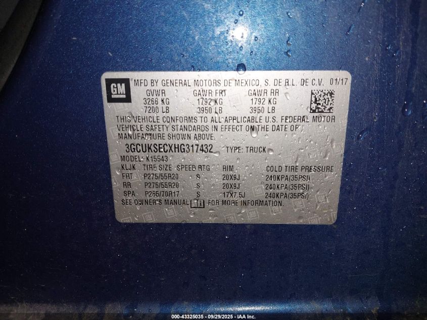 2017 Chevrolet Silverado 1500 1Lz VIN: 3GCUKSECXHG317432 Lot: 43325035