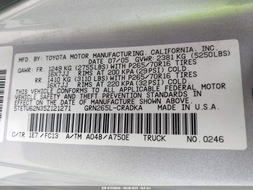 2005 Toyota Tacoma Prerunner V6 VIN: 5TETU62N35Z121271 Lot: 43325048