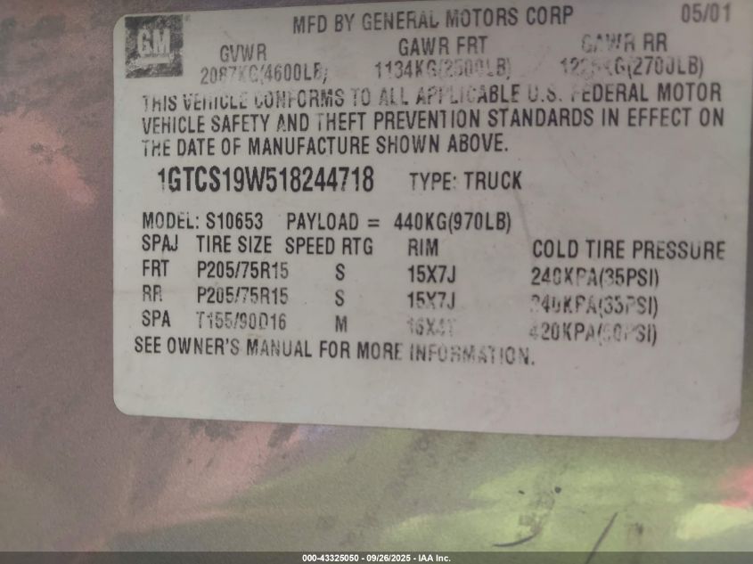 2001 GMC Sonoma Sls VIN: 1GTCS19W518244718 Lot: 43325050