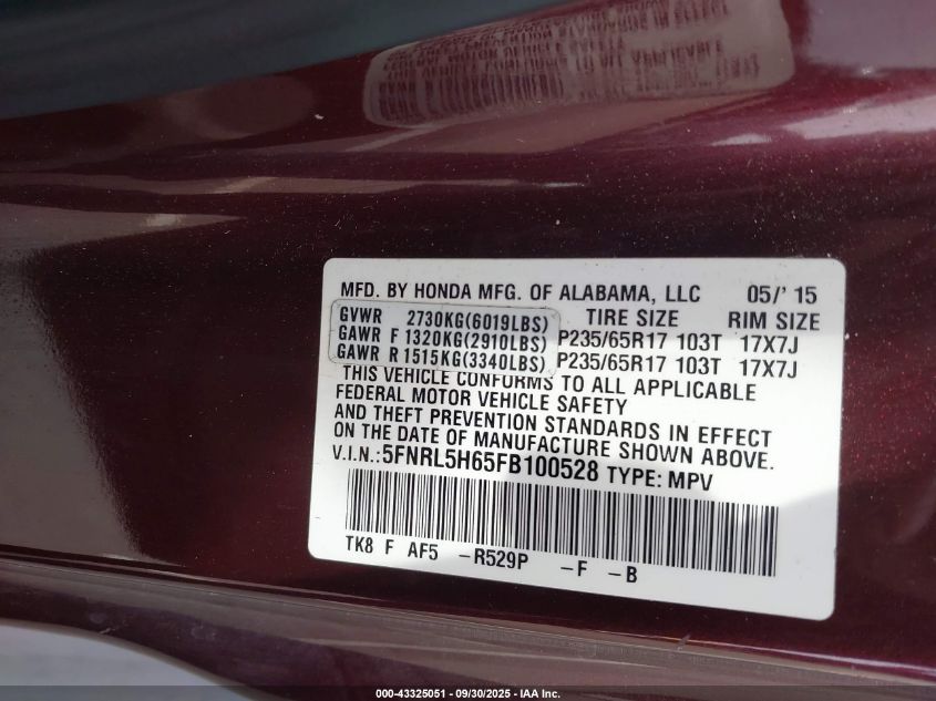 2015 Honda Odyssey Ex-L VIN: 5FNRL5H65FB100528 Lot: 43325051