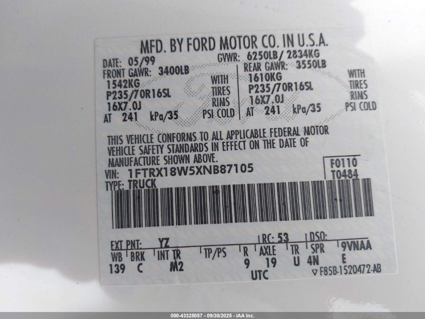 1999 Ford F-150 Lariat/Work Series/Xl/Xlt VIN: 1FTRX18W5XN887105 Lot: 43325057