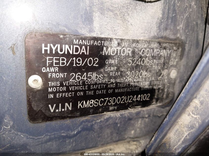 2002 Hyundai Santa Fe Gls/Lx VIN: KM8SC73D02U244102 Lot: 43325059