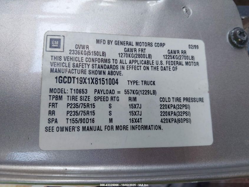 1999 Chevrolet S Truck Ls VIN: 1GCDT19X1X8151004 Lot: 43325066