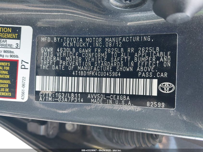 2012 Toyota Camry Hybrid Xle VIN: 4T1BD1FK4CU045964 Lot: 43325067