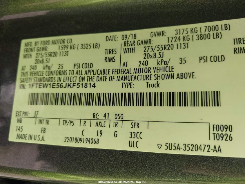 2018 Ford F-150 Xlt VIN: 1FTEW1E56JKF51814 Lot: 43325074