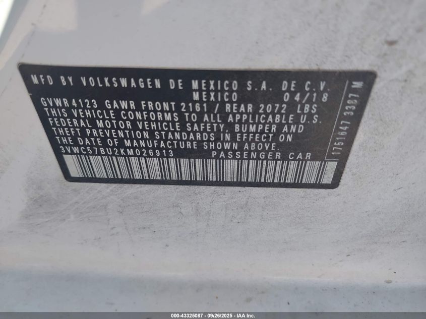 2019 Volkswagen Jetta 1.4T R-Line/1.4T S/1.4T Se VIN: 3VWC57BU2KM026913 Lot: 43325087