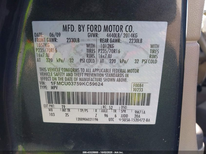 2009 Ford Escape Xlt VIN: 1FMCU03759KC59624 Lot: 43325089