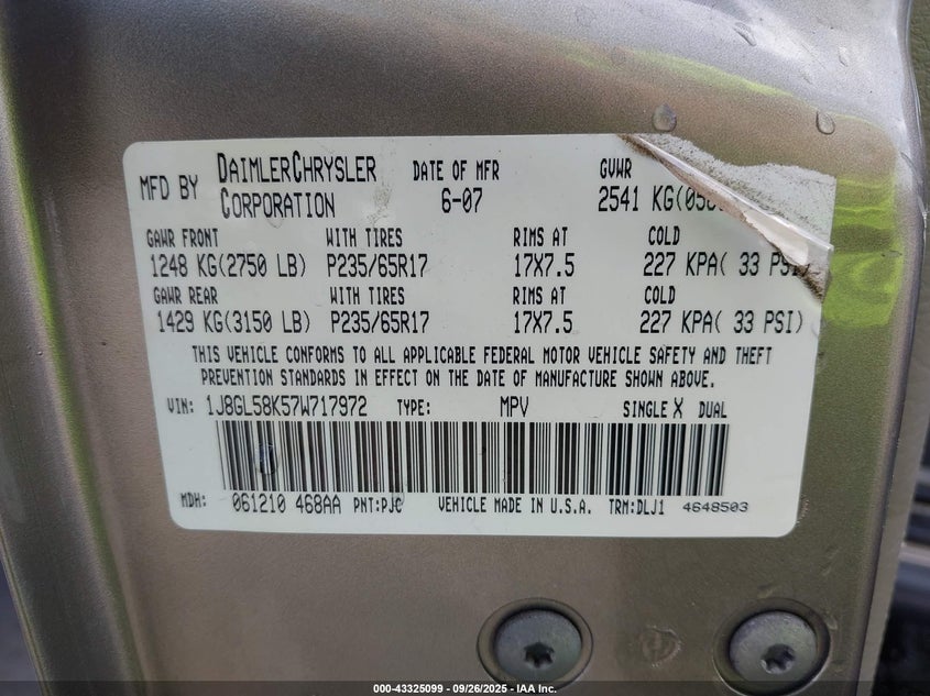 1J8GL58K57W717972 2007 JEEP LIBERTY (NORTH AMERICA) photo no. 9