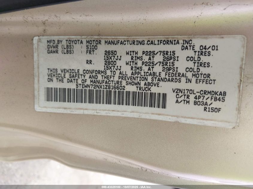 2001 Toyota Tacoma Base V6 VIN: 5TEWN72NX1Z816602 Lot: 43325100