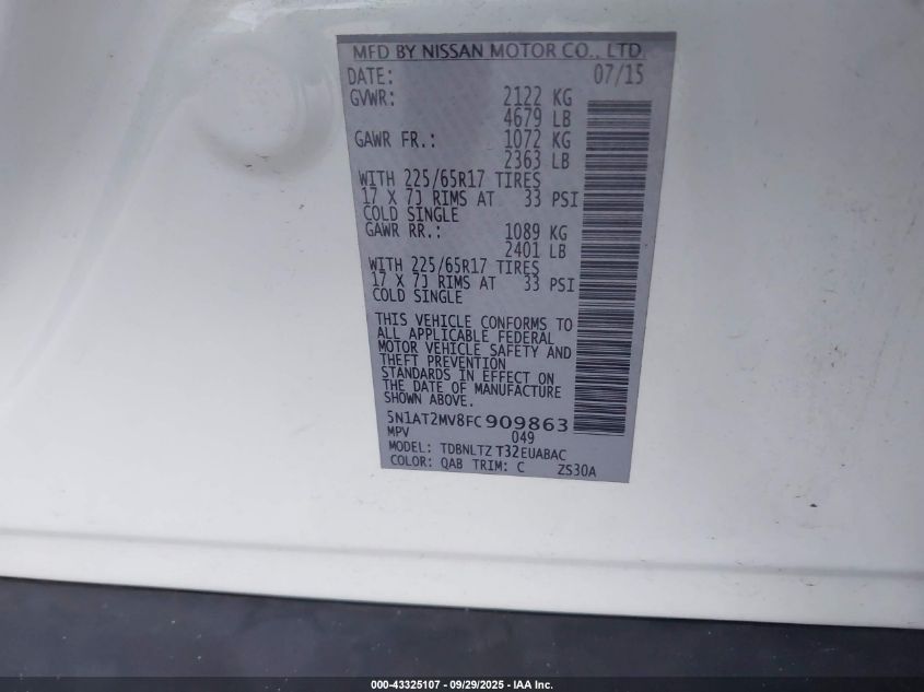 2015 Nissan Rogue Sv VIN: 5N1AT2MV8FC909863 Lot: 43325107