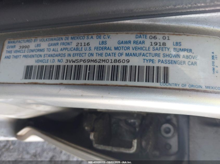 2002 Volkswagen Jetta Gls Tdi VIN: 3VWSP69M62M018609 Lot: 43325113