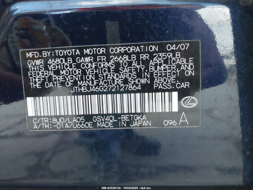 2007 Lexus Es 350 VIN: JTHBJ46G272127864 Lot: 43325124