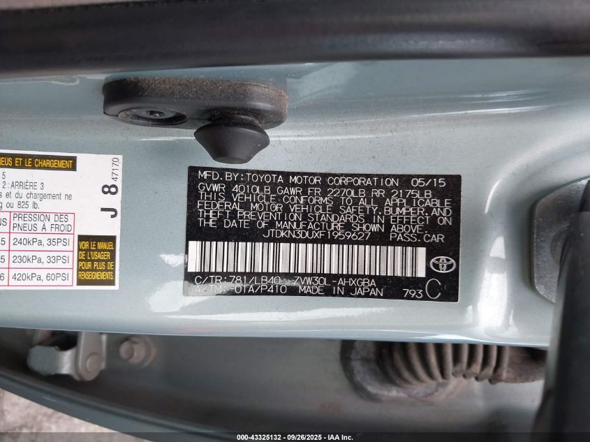 2015 Toyota Prius Four VIN: JTDKN3DUXF1959627 Lot: 43325132