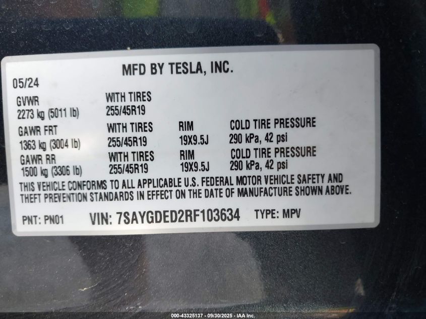 2024 Tesla Model Y Long Range Dual Motor All-Wheel Drive/Rwd VIN: 7SAYGDED2RF103634 Lot: 43325137