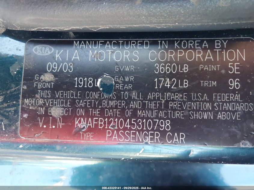 2004 Kia Spectra Ls VIN: KNAFB121045310798 Lot: 43325141