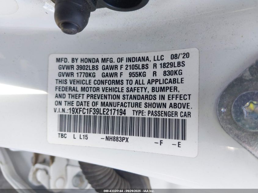 2020 Honda Civic Ex VIN: 19XFC1F39LE217194 Lot: 43325144
