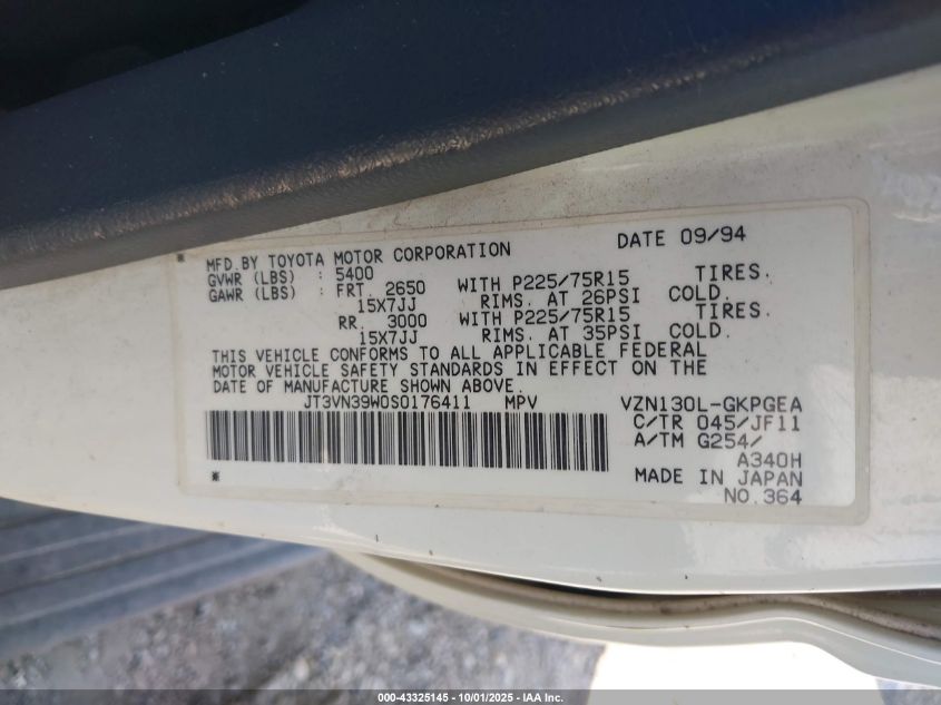 1995 Toyota 4Runner Vn39 Sr5 VIN: JT3VN39W0S0176411 Lot: 43325145