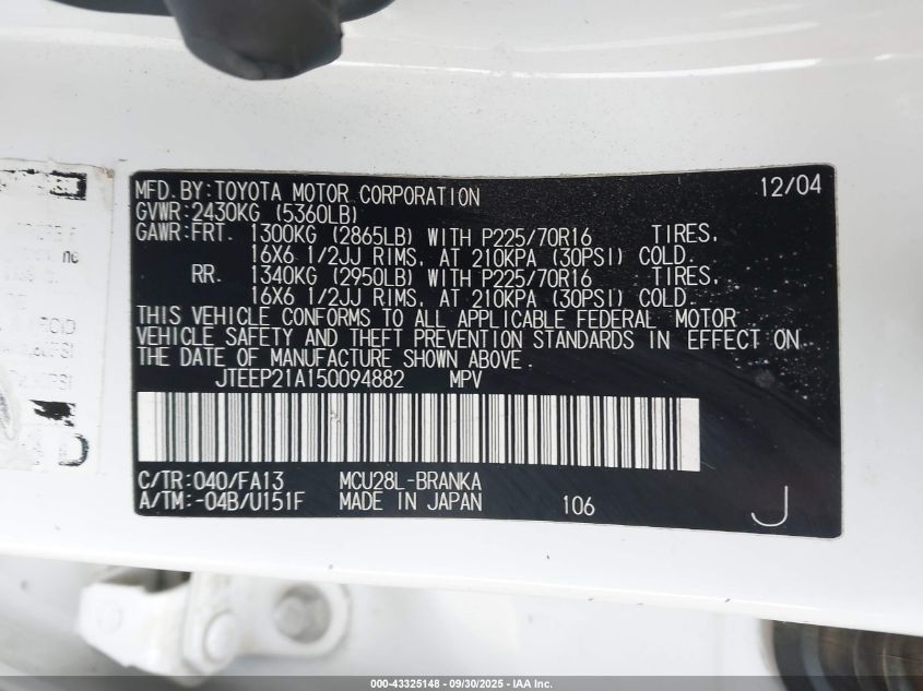 2005 Toyota Highlander V6 VIN: JTEEP21A150094882 Lot: 43325148