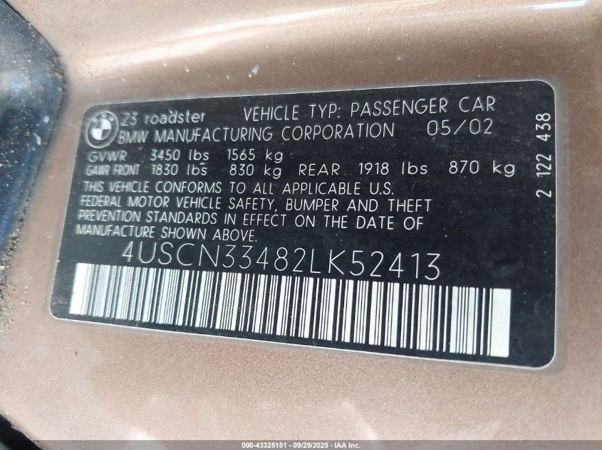2002 BMW Z3 2.5I VIN: 4USCN33482LK52413 Lot: 43325151