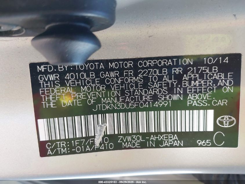 2015 Toyota Prius Two VIN: JTDKN3DU5F0414991 Lot: 43325153