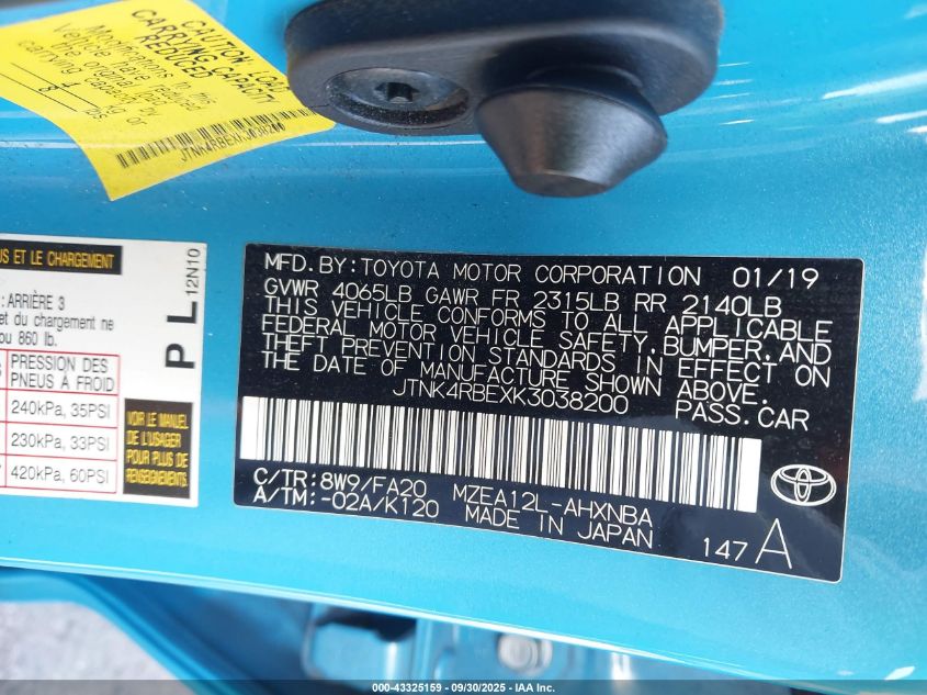 2019 Toyota Corolla Se VIN: JTNK4RBEXK3038200 Lot: 43325159