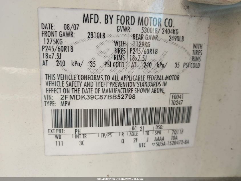 2007 Ford Edge Sel Plus VIN: 2FMDK39C87BB52798 Lot: 43325166