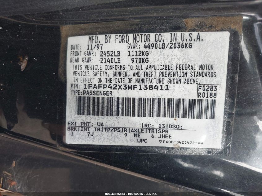 1998 Ford Mustang Gt VIN: 1FAFP42X3WF138411 Lot: 43325184