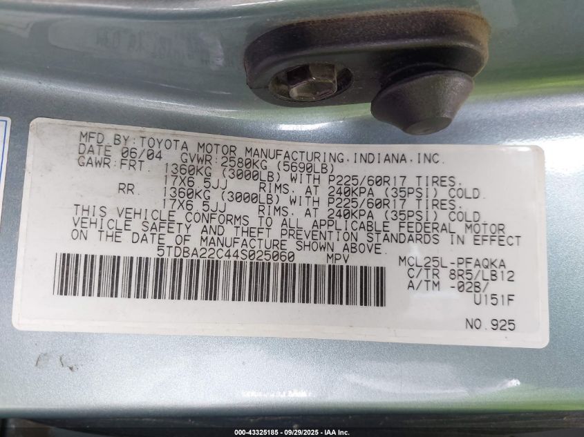 2004 Toyota Sienna Xle Limited VIN: 5TDBA22C44S025060 Lot: 43325185