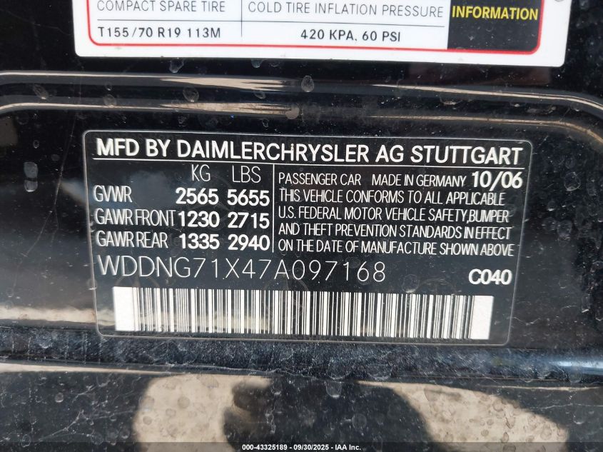 2007 Mercedes-Benz S 550 VIN: WDDNG71X47A097168 Lot: 43325189