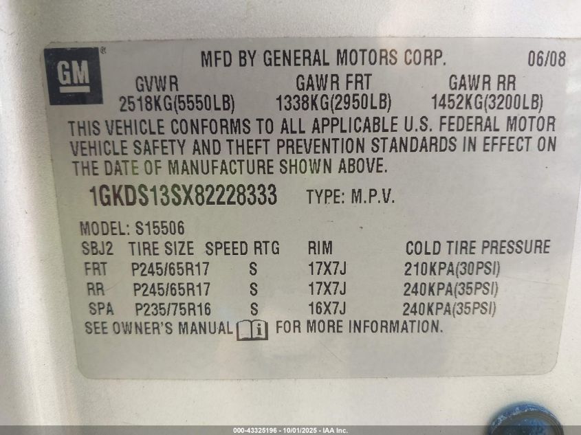 2008 GMC Envoy Sle VIN: 1GKDS13SX82228333 Lot: 43325196