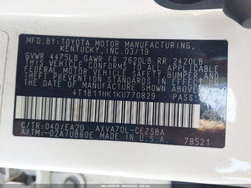 2019 Toyota Camry Se VIN: 4T1B11HK1KU770829 Lot: 43325198