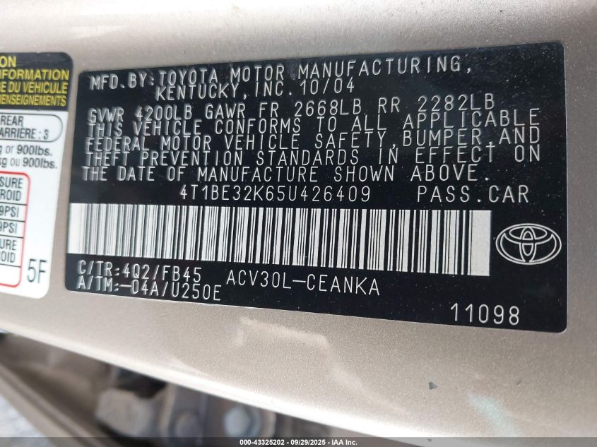 2005 Toyota Camry Le VIN: 4T1BE32K65U426409 Lot: 43325202