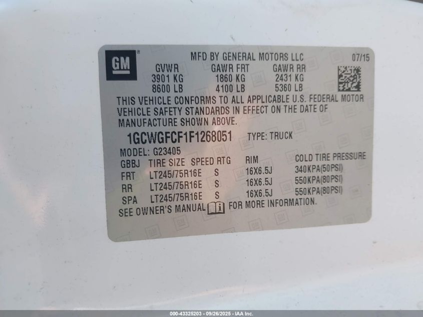 2015 Chevrolet Express 2500 Work Van VIN: 1GCWGFCF1F1268051 Lot: 43325203