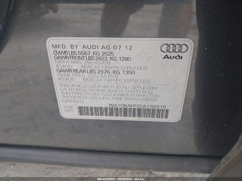 2012 Audi Q5 3.2 Premium Plus VIN: WA1DKAFP2CA136919 Lot: 43325207