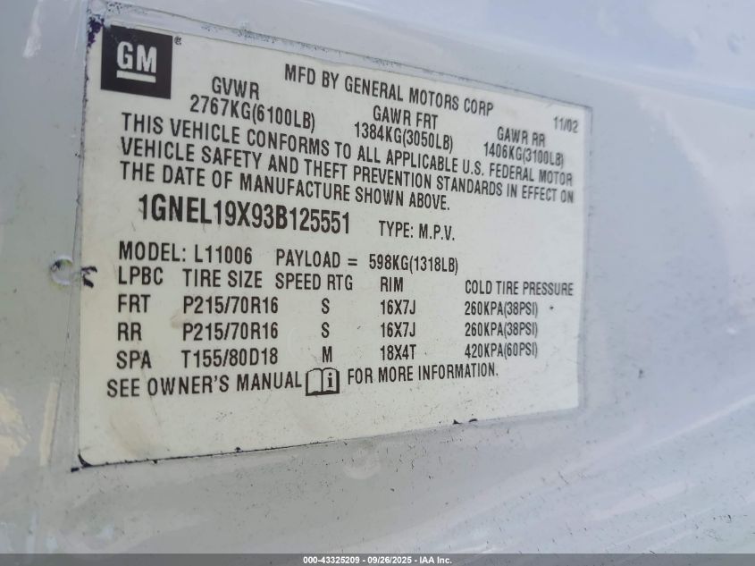 2003 Chevrolet Astro Ls VIN: 1GNEL19X93B125551 Lot: 43325209