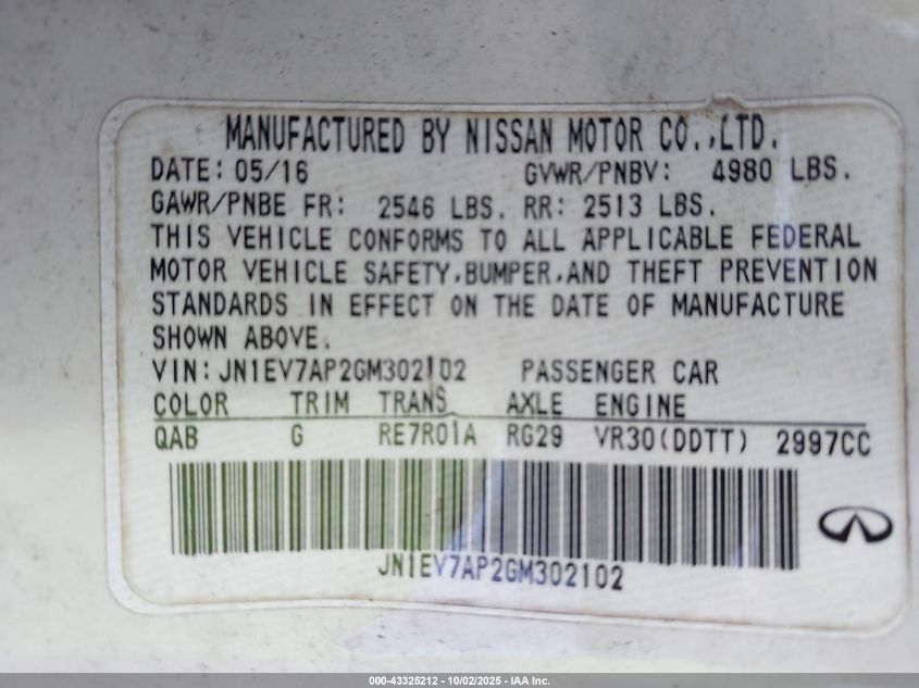 2016 Infiniti Q50 3.0T Premium VIN: JN1EV7AP2GM302102 Lot: 43325212