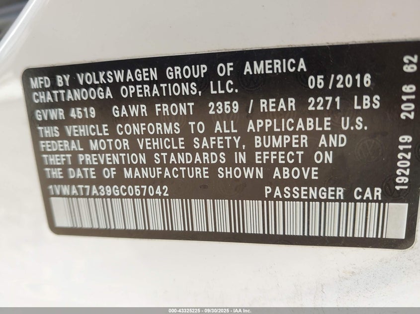 2016 VOLKSWAGEN PASSAT 1.8T S - 1VWAT7A39GC057042