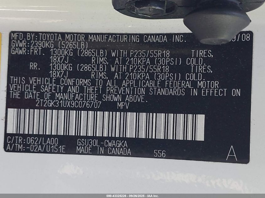 2009 Lexus Rx 350 VIN: 2T2GK31UX9C076707 Lot: 43325226